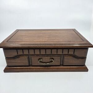Vintage Wooden Jewelry Box Taiwan R.O.C. Ring Storage Drawer 10.5" Brown
